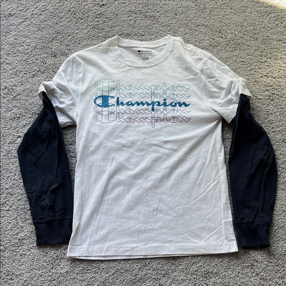Champion White and Navy Graphic Long Sleeve Tee